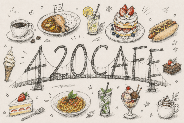 420CAFEのロゴ。カフェメニューの手描きイラストで囲んだ看板イラスト