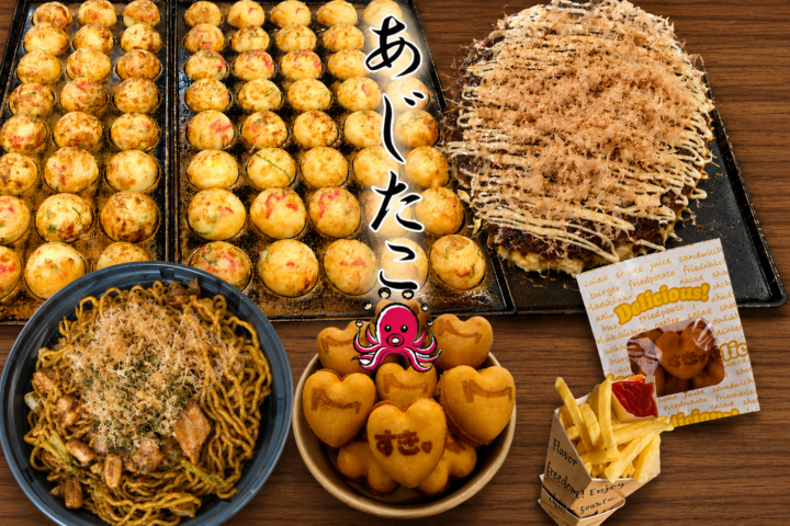 あじたこのメニュー盛り合わせ。たこ焼きと焼きそばなどを並べた写真