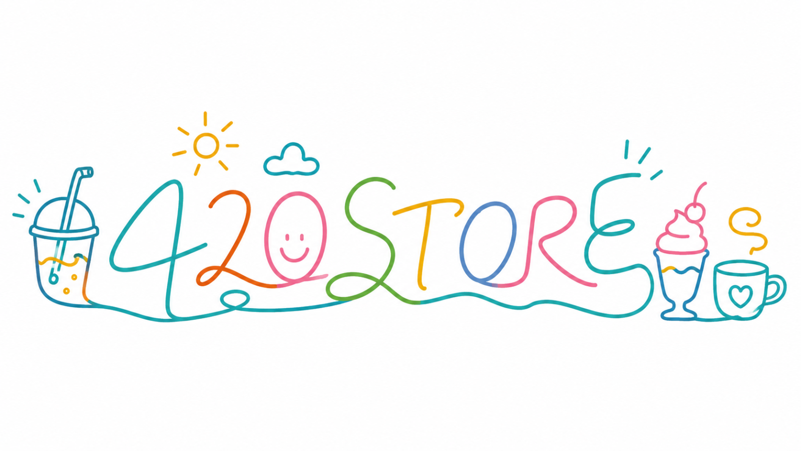 420STOREのロゴ。ドリンクやパフェのイラストで彩った手描き風のカラフルな文字