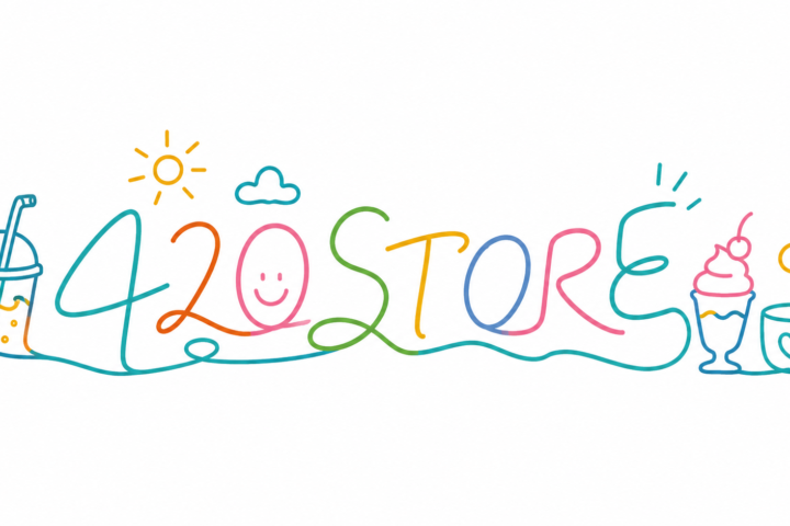 420STOREのロゴ。ドリンクやパフェのイラストで彩った手描き風のカラフルな文字