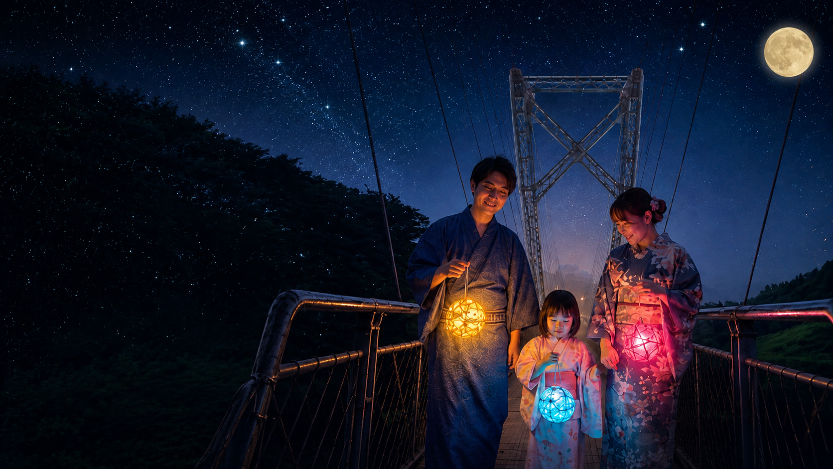 ランタンを手に夜のGODA BRIDGEを歩く浴衣姿の家族