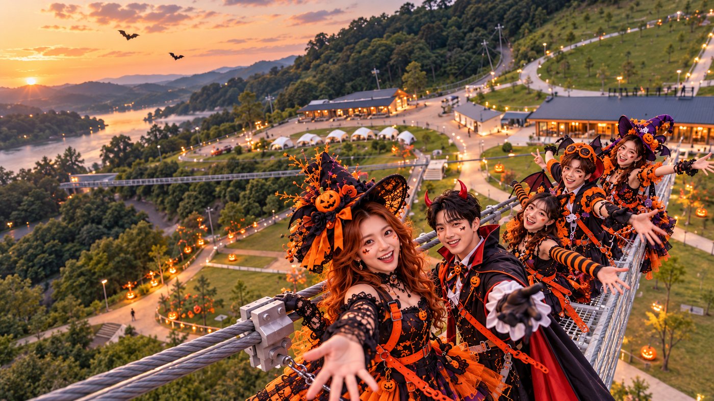 ハロウィン仮装で吊り橋を渡るグループ